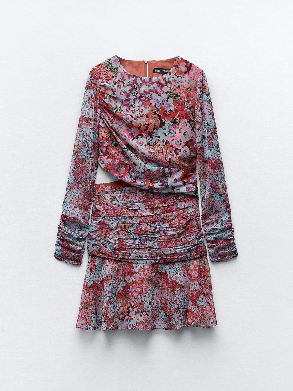 Zara Floral Long-Sleeve Ruched Mini Dress - Pink Multi